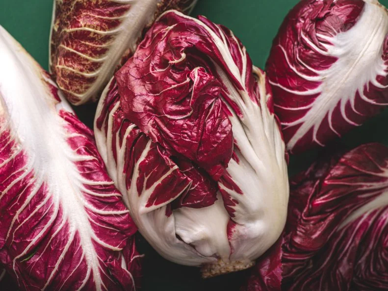 Italian bitter red radicchio chicory from Treviso (PGI, Verona, Italy) on the green background. Mediterranean food concept. Rare vegetables from classic Italian cuisine
