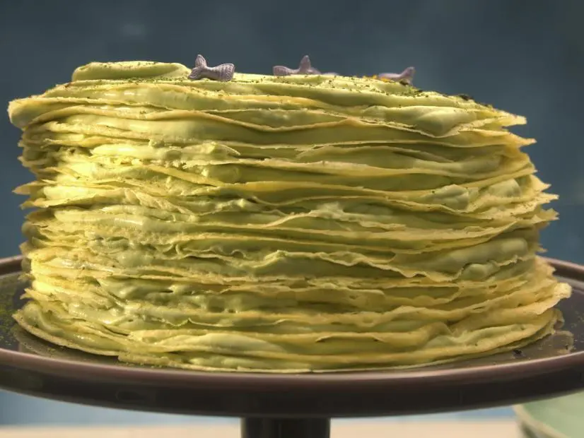Beauty shot of Molly's Matcha Crepe Cake as seen in Girl Meets Farm Season 15