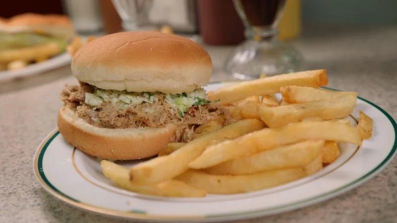 Pork Barbecue Sandwich as Served at Doumar's Cones and BBQ in Norfolk, Virginia as seen on DDD Nation, special.