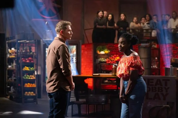 Host Bobby Flay and Contender Kess Eshun in signature dish reveal, as seen on Beat Bobby Flay, Season 40