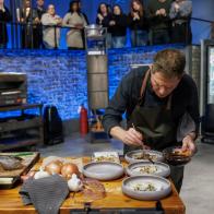 Bobby Flay puts the finishing touches on his Cheung Fun.
