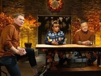 Host Bobby Flay, Contender Jet Tila, Special Guest Sunny Anderson in round 2, as seen on Beat Bobby Flay, Hoiliday Throwdown Season 4