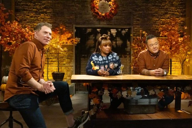 Host Bobby Flay, Contender Jet Tila, Special Guest Sunny Anderson in round 2, as seen on Beat Bobby Flay, Hoiliday Throwdown Season 4