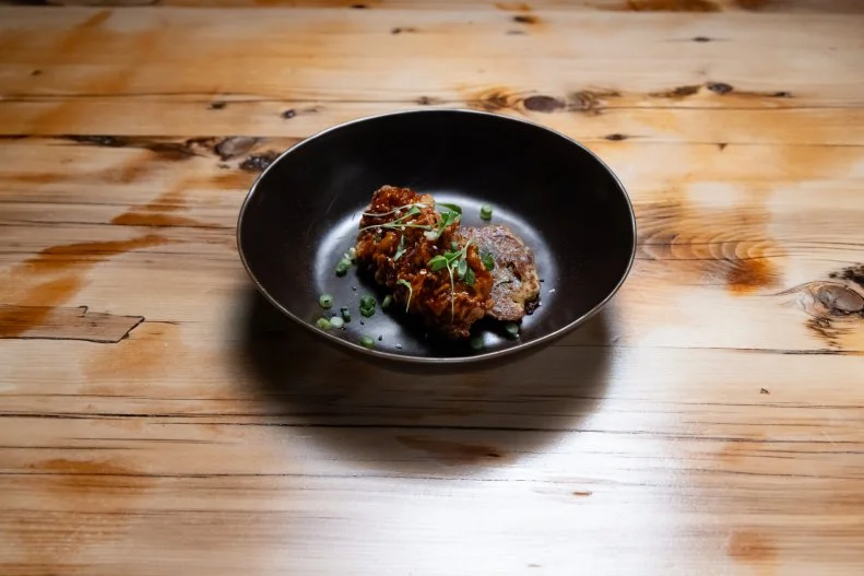 Contender Esther Choi's round 1 dish with secret ingredient, Fruit cake, as seen on Beat Bobby Flay, Hoiliday Throwdown Season 4