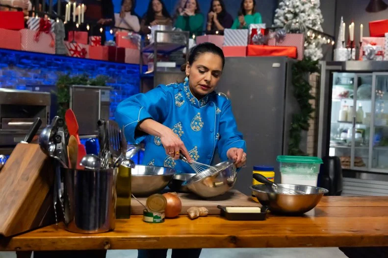 Contender Maneet Chauhan prepares round 2 dish,  as seen on Beat Bobby Flay, Hoiliday Throwdown Season 4