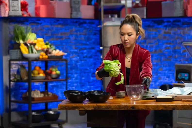 Contender Esther Choi prepares round 2 dish, as seen on Beat Bobby Flay, Hoiliday Throwdown Season 4