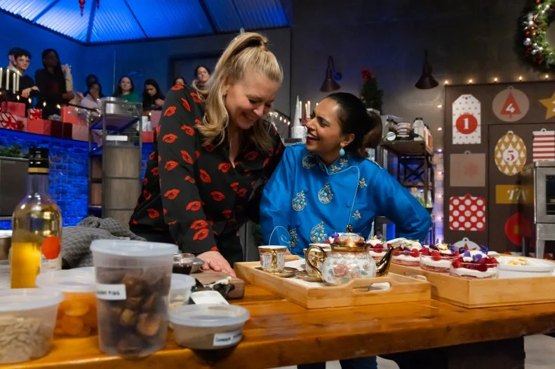 Contenders Amanda Freitag and Maneet Chauhan prepare signature dish, as seen on Beat Bobby Flay, Hoiliday Throwdown Season 4