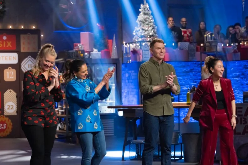 Host Bobby Flay and Contenders Amanda Freitag, Esther Choi and Maneet Chauhan in final round J&T, as seen on Beat Bobby Flay, Hoiliday Throwdown Season 4