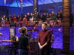Contender Brooke Williamson and chef Bobby Flay prepare to face-off during Round 3, as seen on Beat Bobby Flay Holiday Throwdown, Season 4.