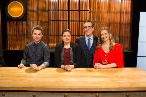 Host Ted Allen with guest judges, Alex Stupak, Alex Guarnaschelli and Amanda Freitag on set, as seen on Food Networks Chopped, Season 21.