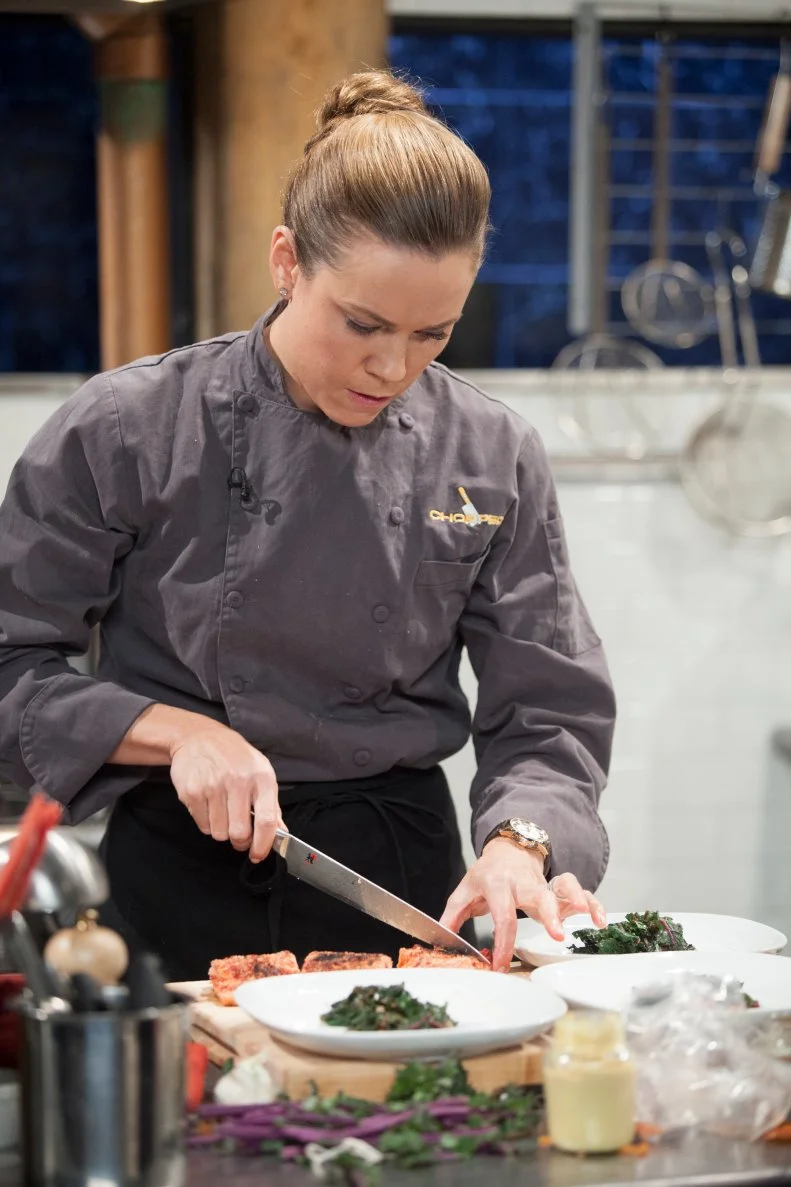 Natalie Coughlin competes in a special Sports Figures competition as seen on Food Network's Chopped, Season 17.