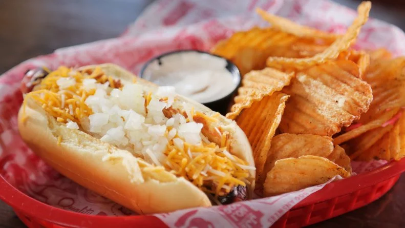 The Chili Cheese Coney as served at JJ's Red Hots in Charlotte, North Carolina, as seen on Food Network's Diners, Drive-Ins and Dives, Episode 2604.