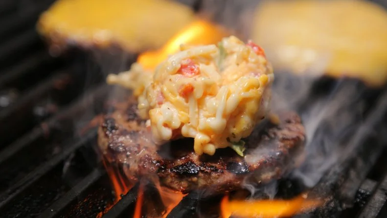 Pimento Cheese Burger on grill at Bang Bang Burgers in Charlotte, North Carolina, as seen on Food Network's Diners, Drive-Ins and Dives, Episode 2605.