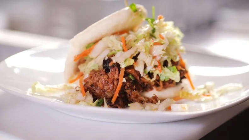 Chow Bao Taco as served at The Improper Pig in Charlotte, North Carolina, as seen on Food Network's Diners, Drive-Ins and Dives, Episode 2605.