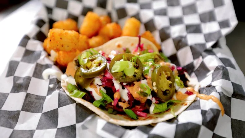 Tiki Taco prepped by chef Roy Derrand at Front Yard Tacos in Mobile, Alabama, as seen on Diners Drive-Ins and Dives, season 38.
