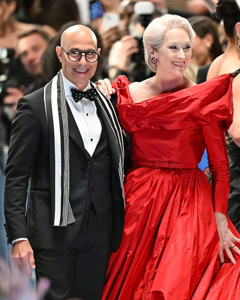 Stanley Tucci and Meryl Streep are seen on the set of 'The Devil Wears Prada 2' at American Museum of Natural History on August 01, 2025 in New York City.
