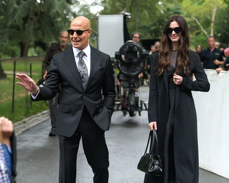 Stanley Tucci and Anne Hathaway are seen on the set of "The Devil Wears Prada 2" in Central Park on August 20, 2025 in New York City.