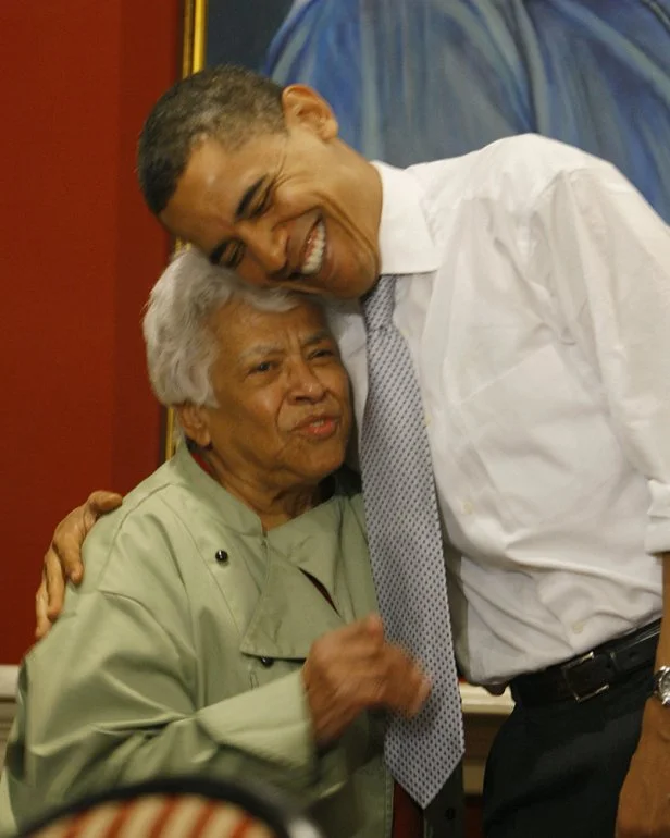 Barack Obama hugs Leah Chase during a visit in New Orleans, ahead of Louisiana's February 2008 primary.