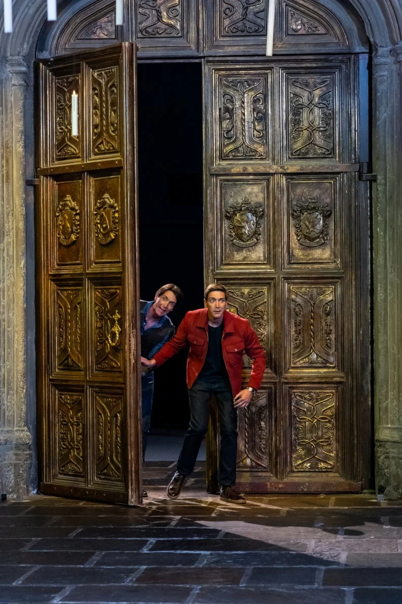 Hosts James and Oliver Phelps during the introduction, as seen on Harry Potter: Wizards of Baking, Season 2.