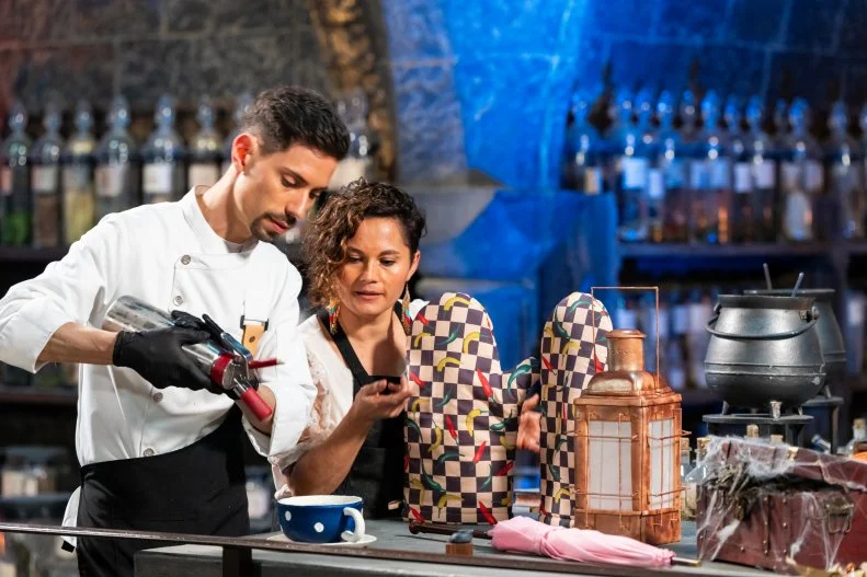 Contestants Angel Figueroa and Rui Mota’s replicated showpieces are the Lantern and cup, as seen on Harry Potter: Wizards of Baking, Season 2.