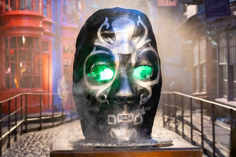Contestants Jujhar Mann and Katie Bonzer’s super sized showpiece Lucius Malfoy’s Death Eater Mask, as seen on Harry Potter: Wizards of Baking, Season 2.