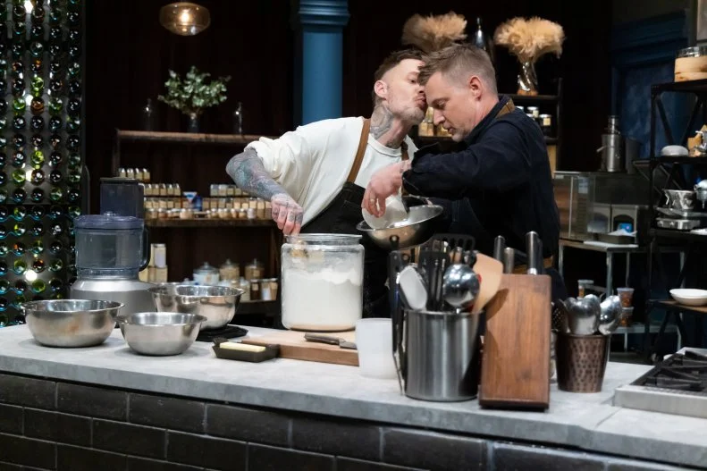 Titan Michael Voltaggio and his brother Chef Bryan Voltaggio prepare final dish, as seen on Bobby’s Triple Threat, Season 4.