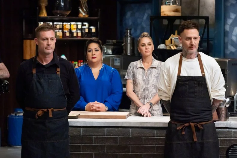 Chef Bryan Voltaggio, Titans Brooke Williamson, Michael Voltaggio and Ayesha Nurdjaja in final round core reveal, as seen on Bobby’s Triple Threat, Season 4.
