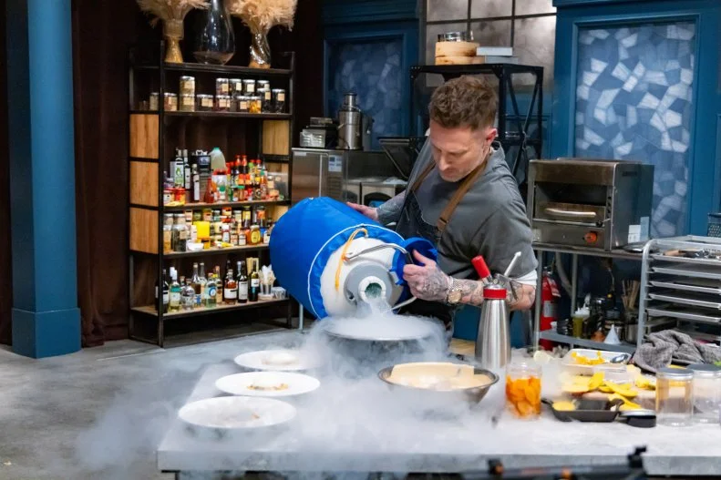 Titan Michael Voltaggio prepares final dish, as seen on Bobby’s Triple Threat, Season 4.