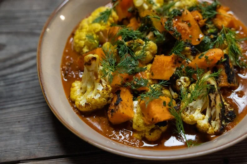 Tumeric Smoked Cauliflower With Sweet Potatoes and Tomato Chutney