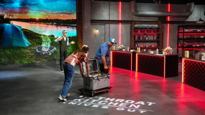 WIDE ANGLE Chef Chris Binotto and Chef Mika Leon wins the cooler (auction), as seen on Cutthroat Kitchen: Knives Out, Season 1.