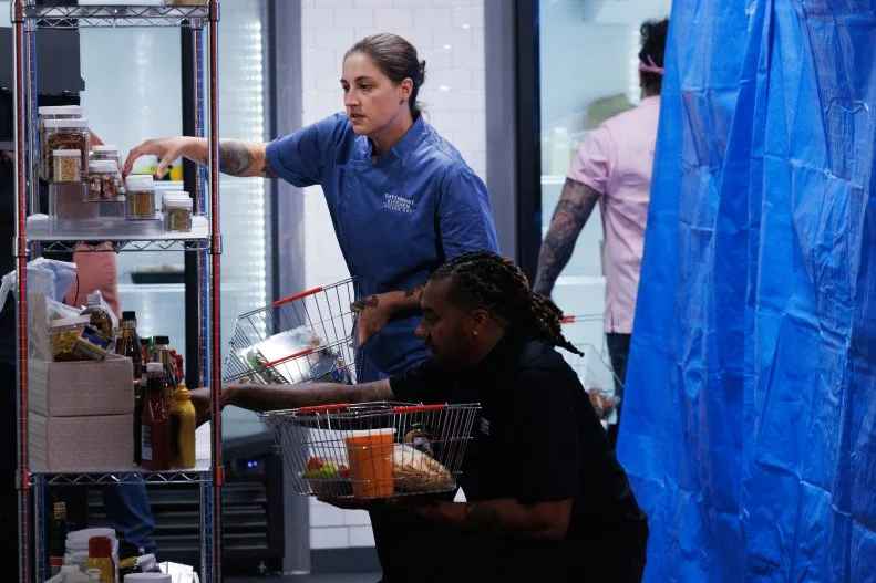 Chefs Star Maye, Zakari Davila, Shibumi Jones and Chris Dobson shop in the pantry before round one, as seen on Cutthroat Kitchen: Knives Out, Season 1.