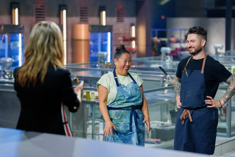 Host Esther Choi delivers results to Contestants Lee Anne Wong and Alex Stupak, as seen on 24 in 24: Last Chef Standing, Season 3.