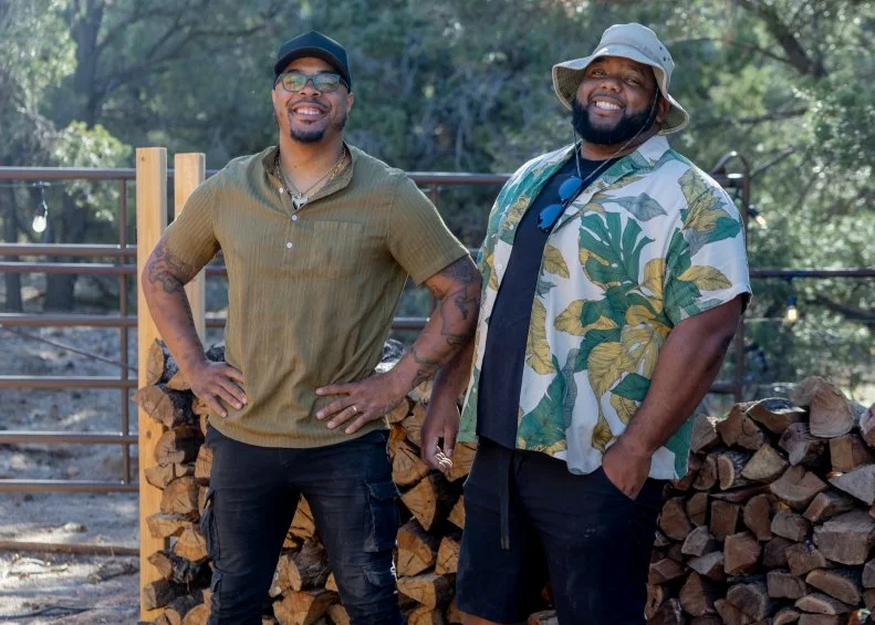 Denzel Johnson, right, and Reginald Jacob Howell of team The Smoke + The Spice pose for portraits as seen on Pit Masters, Season 1.
