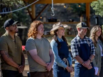 Teams listen to the first challenge announcement of the first Big Burn: “Meet Your Competition” as seen on Pit Masters, Season 1.