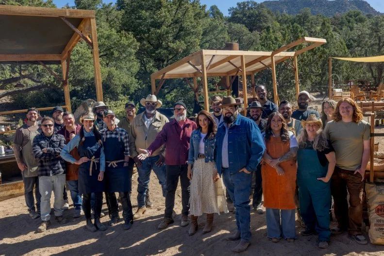 Contestants with Host Andrew Zimmern with Judges Moe Casen, Ernest Servantes and Jess Pryles as seen on Pit Masters, Season 1.
