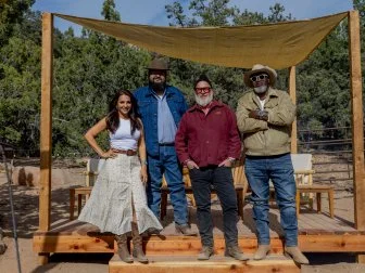 Host Andrew Zimmern with Judges Moe Casen, Ernest Servantes and Jess Pryles” during the first Big Burn: “Meet your Competition” as seen on Pit Masters, Season 1.