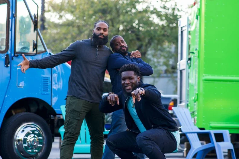 Michael "Griff" Griffin (top left), Bryan "Little Bryan" Hynson (top right), and Brian "Rak" Orakpo (bottom), are ready to get the competition started on the Food Network's Cupcake Guys Training Camp.