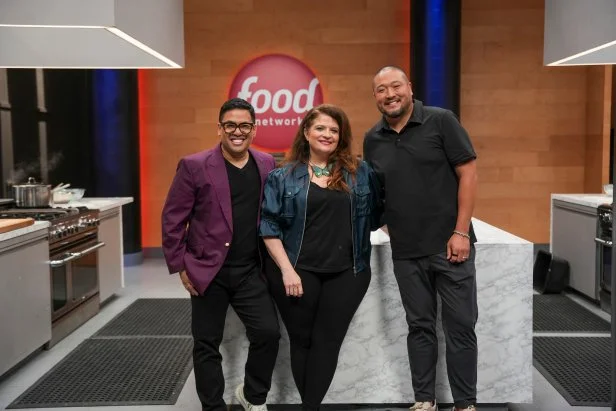 Chefs Arnold Myint, Alex Guarnaschelli, Kevin Lee portrait (L to R) , as seen on the Food Network's WIld Card Kitchen Cycle 3