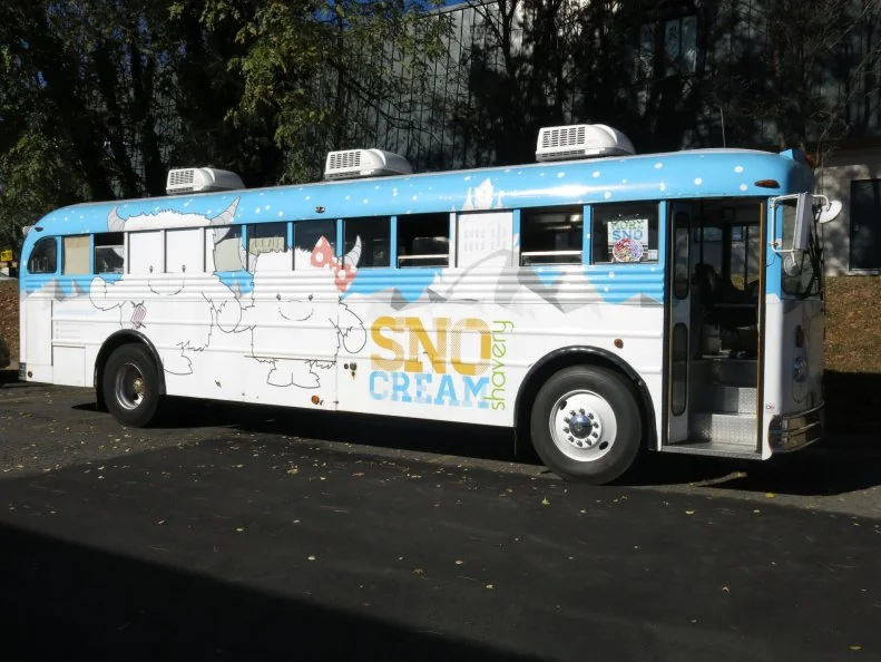 SnoCream Company's vintage school bus cafe in Annandale, Virginia specializes in a hybrid of ice cream and shaved ice they've dubbed "SnoCream," as seen on Travel Channel's Food Paradise.