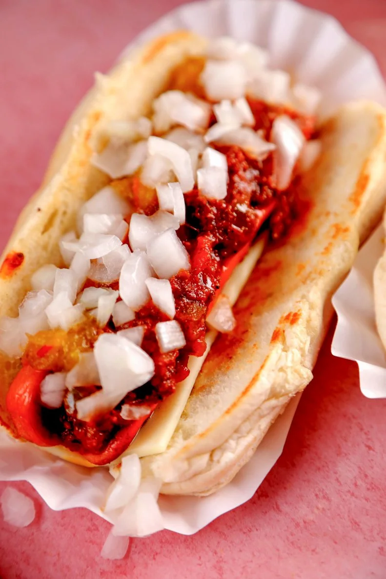 Californian Hot Dog prepped by Chef-owner Gary Zemola at Super Duper Weenie in Fairfield, CT, as seen on Food Network’s Triple-D Nation, Season 5