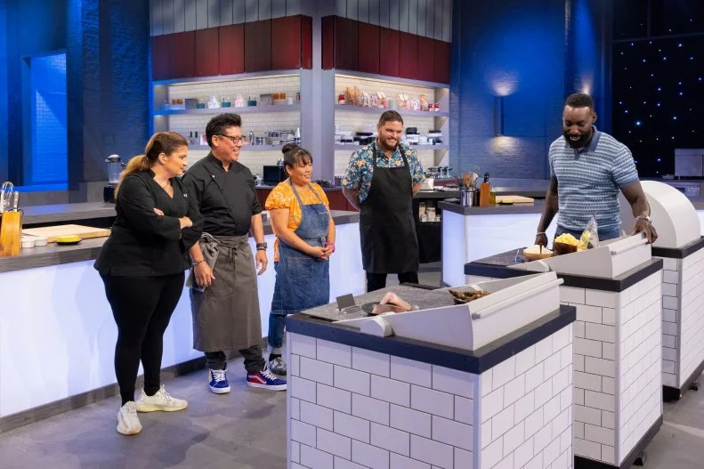 Host Eric Adjepong introduces round 1 components to Alex Guarnaschelli, Contestants Jon Matsubara, Lee Anne Wong and Ippy Aiona, as seen on Alex vs America, Season 3.