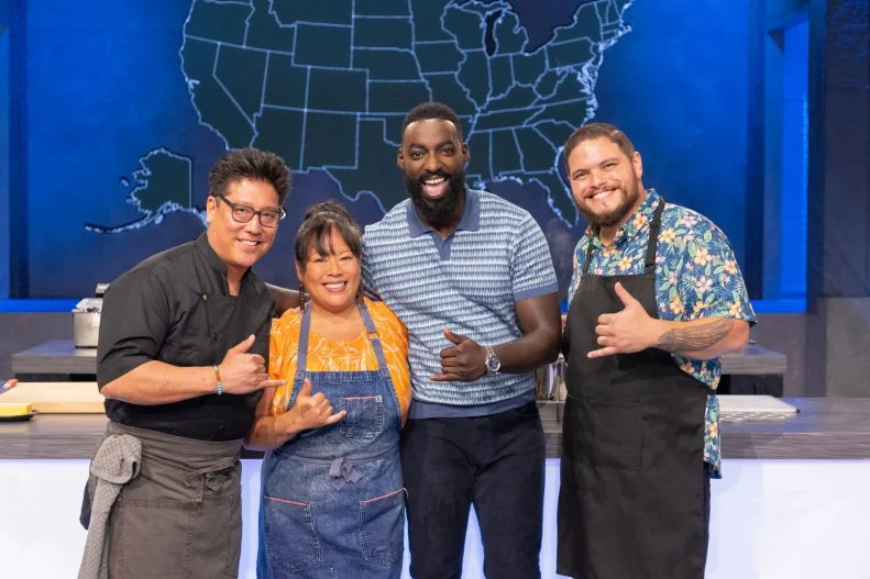 Host Eric Adjepong, Contestants Jon Matsubara, Lee Anne Wong and Ippy Aiona, portrait, as seen on Alex vs America, Season 3.