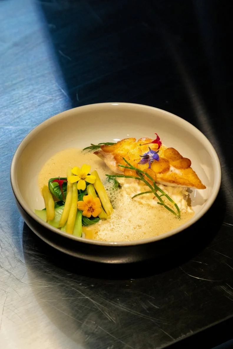 Contestant Jon Matsubara's round 1 dish, Ulu scaled kanpachi with citrus soy emulsion kanpachi brandade local bok choy and haircot vert, as seen on Alex vs America, Season 3.