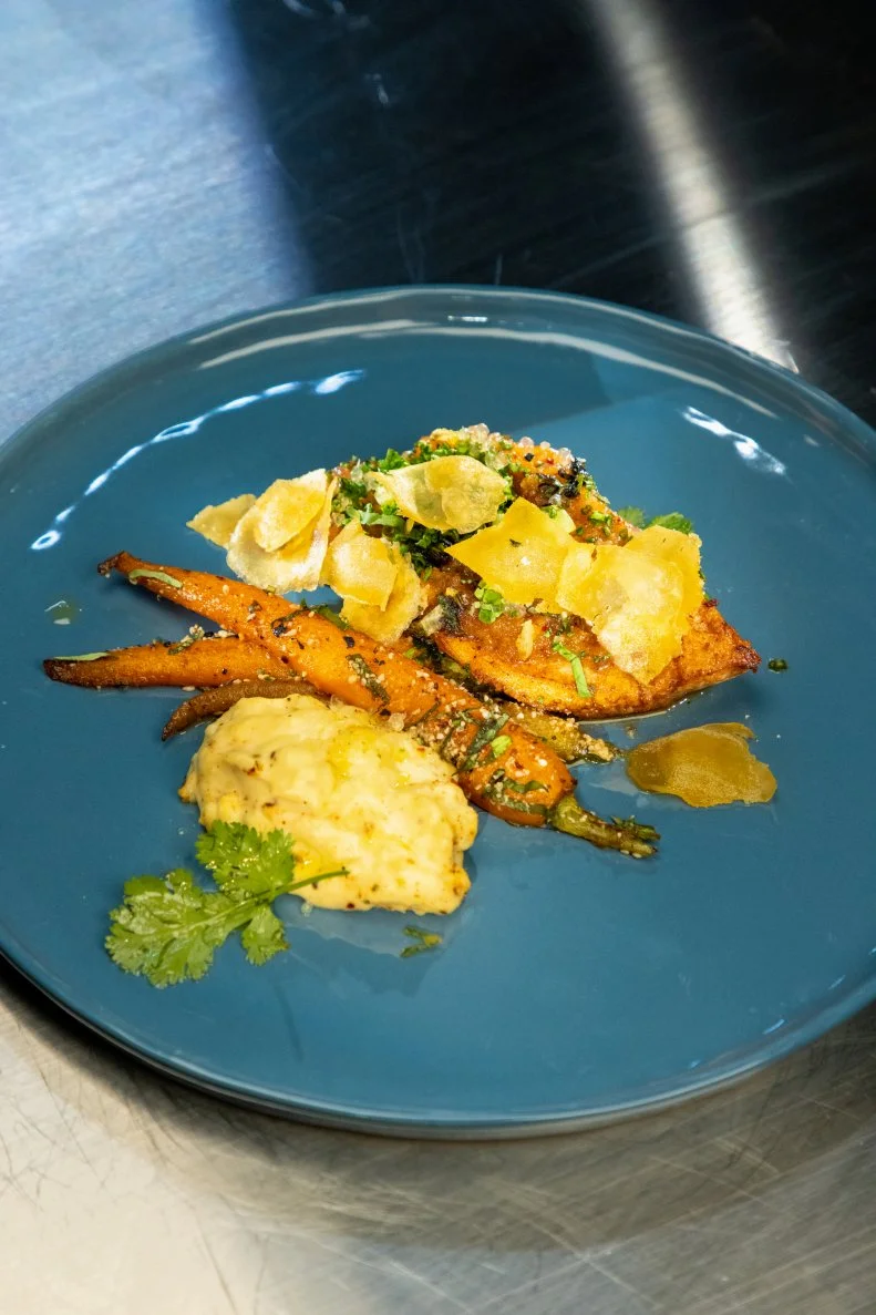 Alex Guarnaschelli's round 1 dsh, Seared kanpachi with garlic, ginger, and miso with breadfruit cream cheese mash crispy breadfruit chips, gingerlimes and carrots with homemade furukake and basil, as seen on Alex vs America, Season 3.