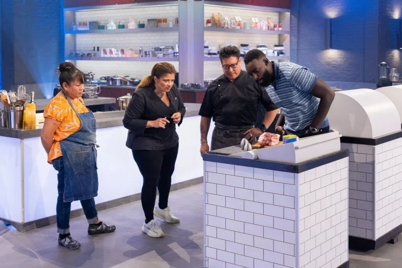Host Eric Adjepong reveals round 2 components to Contestants Jon Matsubara, Lee Anne Wong and Alex Guarnaschelli, as seen on Alex vs America, Season 3.