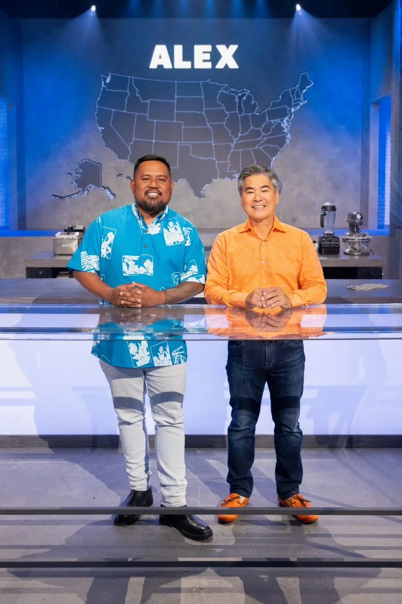 Guest Judges Sheldon Simeon and Roy Yamaguchi, portrait, as seen on Alex vs America, Season 3.