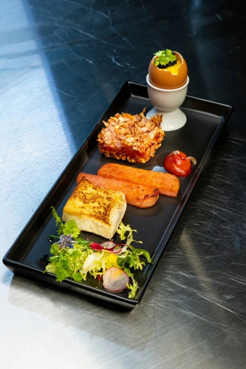 Contestant Jon Matsubara's round 2 dish, Deluxe breakfast Hawaiian Steak and Eggs, as seen on Alex vs America, Season 3.