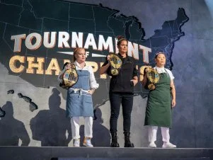 Contestants Tiffani Faison, Antonia Lofaso, Mei Lin, as seen on Alex vs America, Season 5.