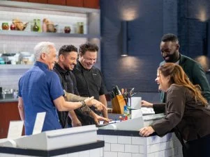 Contestants Geoffrey Zakarian, Gabriele Bertaccini and Rocco DiSpirito with Host Eric Adjepong and Chef Alex Guarnaschelli, as seen on Alex vs America, Season 5.