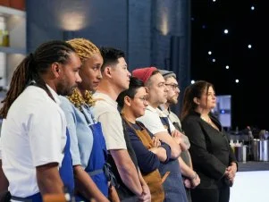 Chefs Michael Reed, Kwini Reed, David Viana, Paola Serrano, David Viana, Brian Lopes and Alex Guaranschelli (L to R), as seen on Alex Vs. America, Season 5.